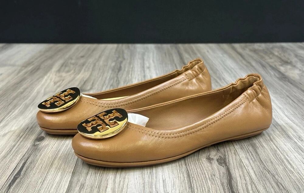Tory Burch Minnie Travel Ballet Royal Tan Gold Leather Womens 5 NEW